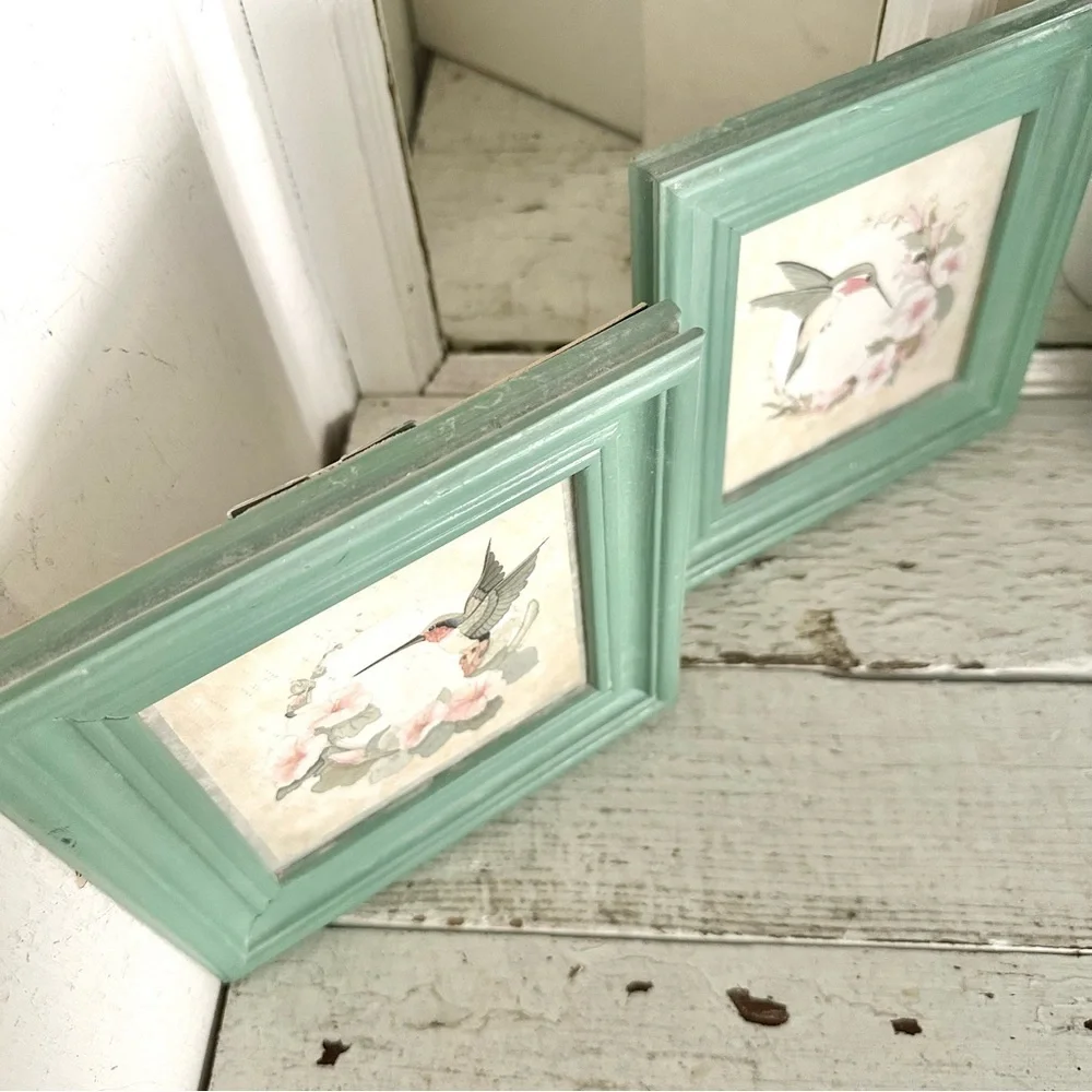 Pair Hummingbird Floral Watercolor Style Vintage Prints Seafoam Framed Wall Art